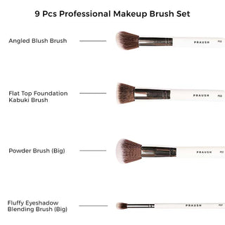Praush Beauty 9 Pcs Professional Makeup Brush Set (Face + Eye) with FREE Marble Makeup Pouch